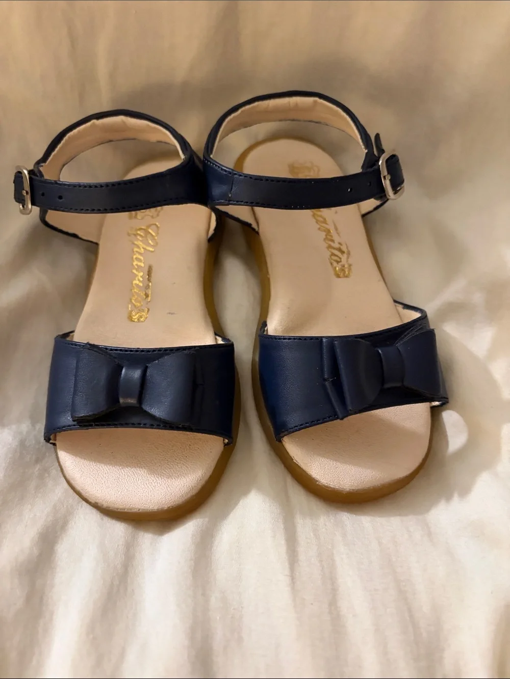 Chariot’s Girls Bow-Accent Navy Ankle-Strap Sandals